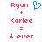 Pixelated text and symbols display 'Ryon + Karlee = 4 ever' with a blue heart symbol above the plus sign on white background.