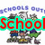 Pixelated image of four cartoon characters with blue text above them, red 'School' text on left, and black 'rules' text on right.