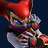 Pixelated character with red headpiece, blue eyes, purple scarf, and silver armor against dark background.