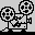 Pixelated black-and-white animation of two film projectors with spinning reels on a light gray background.