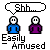 Pixel art of two figures in blue and purple shirts with speech bubbles showing 'Shh...', 'It...', and 'HeHe' text above them on a gray background.