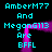 Pixelated cyan text on black background with purple glowing frame, repeating 'AmberM77 And MeganG113 Are BFFL' in two mirrored