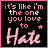 A 4-frame animated contact sheet of a pixel art buddy icon with pink text on black background, showing sequential animation changes in the word "Hate" and star symbols.