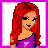 A 3x3 contact sheet of pixel art frames showing a red-haired cartoon character and text phrases in purple on white backgrounds with pink borders.
