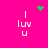 A bright pink background features four identical white 'I luv u' text icons arranged in a , with green pixel clusters animating at top-center, top-right, and center positions