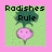 Pixelated icon with pink border, green background, radish illustration, and text reading "Radishes Rule" in black block letters.