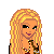 Pixel art contact sheet showing two frames of a female character with blonde hair, blue bell-bottom jeans, and a brown top in an animated icon sequence.