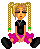 Pixel art character with blonde pigtails, black shirt, pink skirt, and black shoes; eyes change from closed to open between frames.