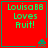 Red square with green border containing text "Louisa BB Loves Ruit!" and a small alien icon in the bottom-right corner.