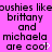 Pixelated text on a bright pink background reads 'bushies like brittany and michaela are cool' with a white cursor blinking at the end of the phrase.