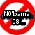 Red circular background with white highlights, black text boxes containing 'NO'bama 08' and 'ii Hat3 hii Mm', small chat bubble icon.