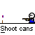 Pixelated character in blue outfit holding gun, firing yellow muzzle flash, with 'Shoot cans' text below on gray background.