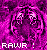 Animated sequence of a tiger's face in pink and purple hues with 'RAWR!' text, showing mouth opening and closing across frames.