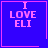 Four blue square with pink borders display "I LOVE ELI" text; top-right has a small heart, bottom-right has a star symbol