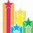 Four vertical star-shaped icons with gradient backgrounds in red, yellow, blue, and green from left to right.