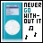 A blue digital music player icon with a white circular control and screen, next to text reading 'NEVER GO WITH-OUT IT' in black and teal letters.