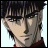 Pixelated anime-style character with dark hair and serious expression, next to stylized text on black background.