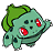 Pixelated green cartoon creature with red eyes and a leaf-like structure on its head, displayed as a static buddy icon against white background.