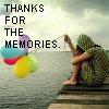 A person in a green patterned dress sits on a wooden pier by water, holding a string attached to colorful balloons while text reads 'THANKS FOR THE MEMORIES.'