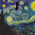 A pixelated animation of a stylized night sky with swirling clouds and stars, featuring sequential text changes over the scene.