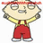 Pixelated cartoon character with closed eyes and raised arms, wearing red overalls and yellow shirt against white background.