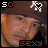 A 3x3 contact sheet of seven animated frames showing a person wearing a brown cap with pixelated heart symbols, each frame displaying the word "sexy" in varying styles and colors at the bottom.