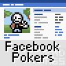 Animated contact sheet of a Facebook Pokers buddy icon showing 25 sequential frames with character variations, props, and effects on a gray background.