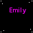 Black background with white star-like dots and repeated purple text "Emily" in a pattern, one gray square visible at bottom right