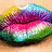 Colorful lips with rainbow gradient and glitter effects in top , pink lips with teeth showing below left, black text "LIPS GOTTA LOVE EM" on white background center bottom