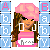 Pixel art contact sheet of four animated frames showing a cartoon girl with pink headscarf and swimsuit-like top, surrounded by blue letter tiles in 2x2 grid layout.