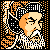 Pixelated 50x50 static icon featuring a stylized character with orange hair and black-and-white patterned clothing against a black background with orange border dots.