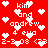 Red background with white pixelated text and heart symbols repeating in a pattern
