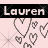 A 48x48 pixel animated buddy icon featuring the name "Lauren" in a black banner above multiple heart shapes on a light pink background, with two visible frames showing subtle animation differences.