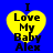 Four identical yellow heart-shaped icons with black text on a blue background, each displaying "I Love My Baby Alex" in pixelated font.
