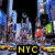 Animated cityscape with repeated skyscrapers and yellow streetlights, featuring a black rectangle with 'NYC' text in bright yellow.