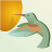 Pixelated bird with green and brown plumage, long beak, and curved body facing a large orange square on light background.