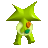 Pixelated green star-shaped figure with orange and teal circular accents on a light gray background.