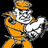 Pixelated character in orange jumpsuit with white gloves and helmet, holding a large white object against black background.