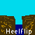 Pixelated character in yellow shirt and red pants performs a heel flip over brown platforms with blue water background, text "Heelflip" repeated below.