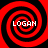 Four identical red and black spiral patterns arranged in a , each containing the text 'LOGAN' in white pixelated font