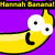 A yellow banana with a smiling face on a purple background, next to a heart-shaped hand gesture with a list of names below.