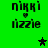 Green background with pixelated text 'niki' and 'nizzie', two heart symbols, and star symbols in black and green.