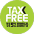 Green circular icon with white text 'TAX FREE' and black pixelated text below, featuring a black crescent symbol replacing the 'X' in 'TAX'.