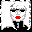 Pixelated 4- shows a stylized face with gray hair, black sunglasses, red lips, and black clothing; top-left has solid red lips while others show open mouth or cross-shaped lips