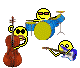 Pixelated yellow smiley faces play instruments: cello, drums, and electric guitar on a gray background.