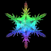 six and five displays a single animated snowflake-like icon with shifting colors against black background