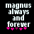 Black background with white pixelated text reading 'magnus always and forever' and five pink plus signs below, two of which are purple in the second frame.