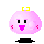 A 4-frame pixel art animation of a pink spherical character with yellow crown-like top, showing different facial expressions and poses across frames on gray background.