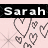 A 48x48 pixel animated buddy icon featuring the name 'Sarah' in two color variations above a pattern of gray hearts on a light pink background, displayed as a contact sheet with two frames showing slight text color changes.