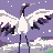 Pixelated crane with white body, black neck and legs, purple accents on wings, standing against a lavender background with scattered light squares.
